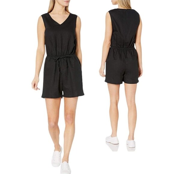 Women Black Romper Size 4 Linen Blend V Neck Drawstring - Picture 2 of 7